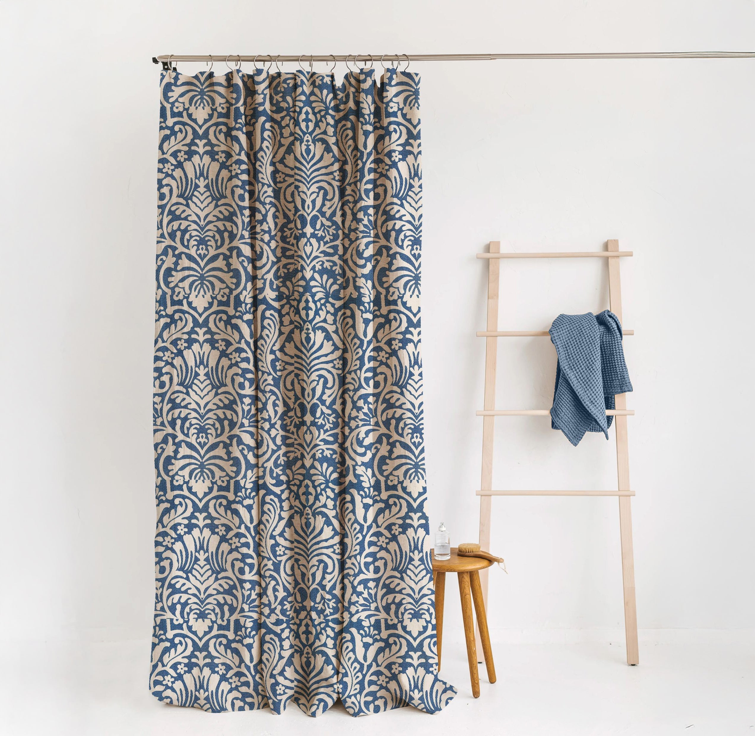 Hemp Eco-Printed Paisley Shower Curtain | Natural & Indigo | Waterproof & Sustainable | Eco Friendly Bath