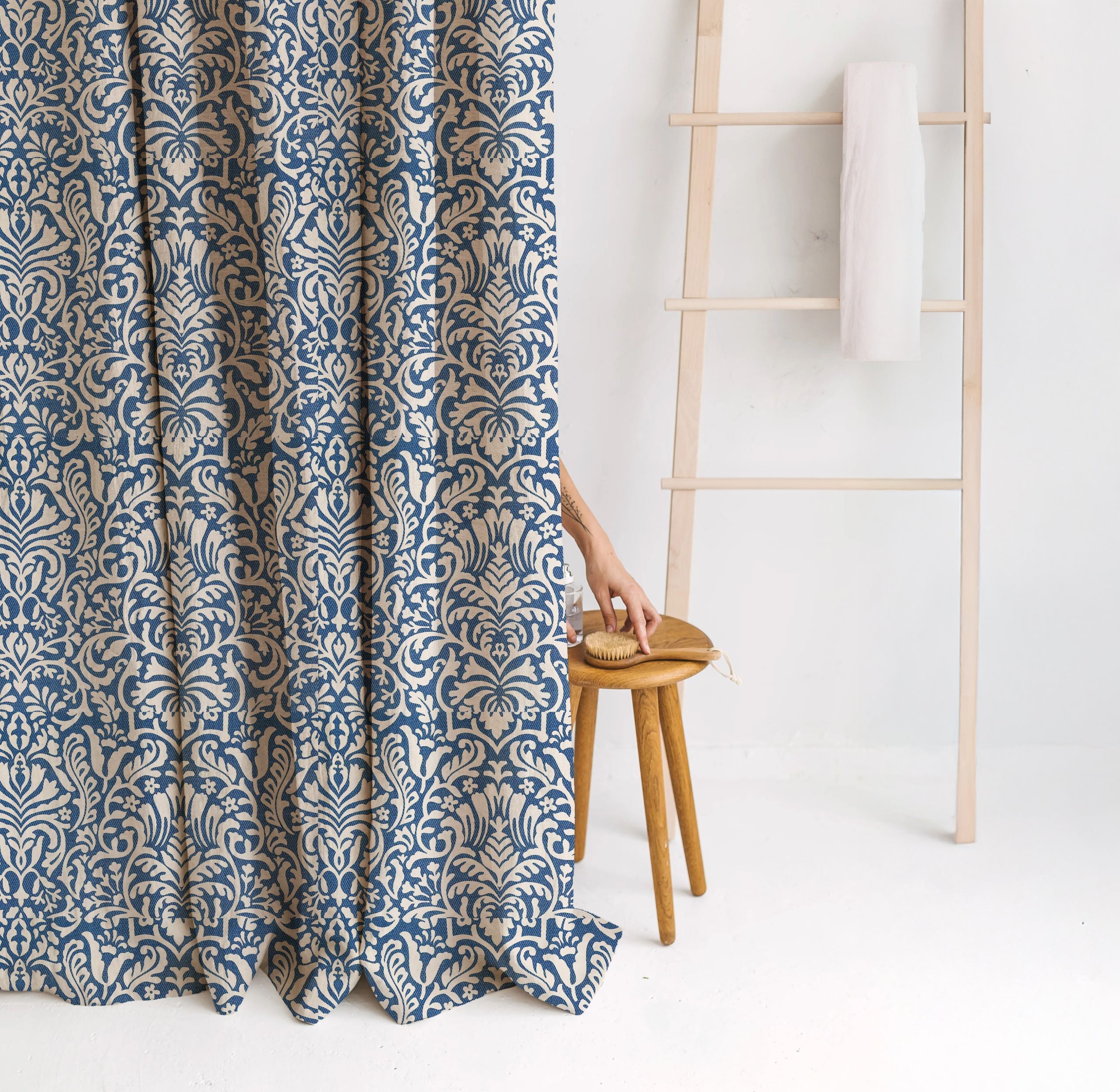 Hemp Eco-Printed Paisley Shower Curtain | Natural & Indigo | Waterproof & Sustainable | Eco Friendly Bath
