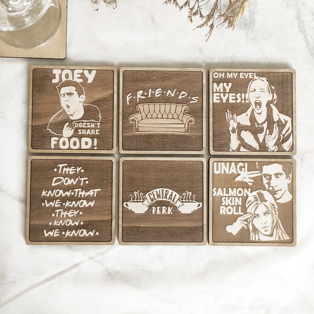 Set of 6 Friends Wooden Coasters - Handmade Gift - Housewarming - Wood Kitchenware