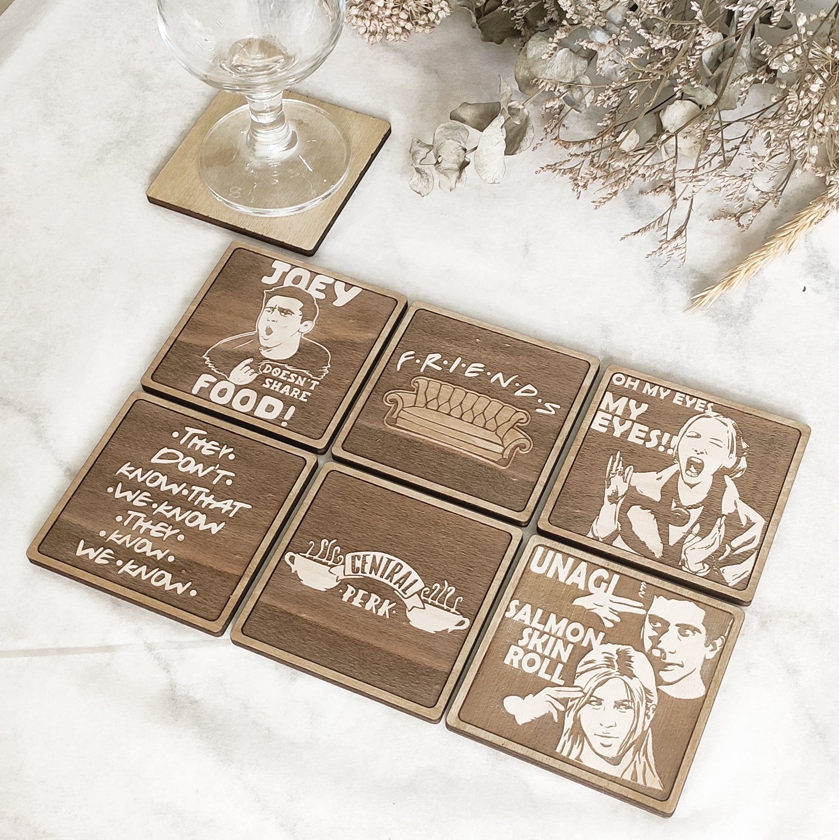 Set of 6 Friends Wooden Coasters - Handmade Gift - Housewarming - Wood Kitchenware