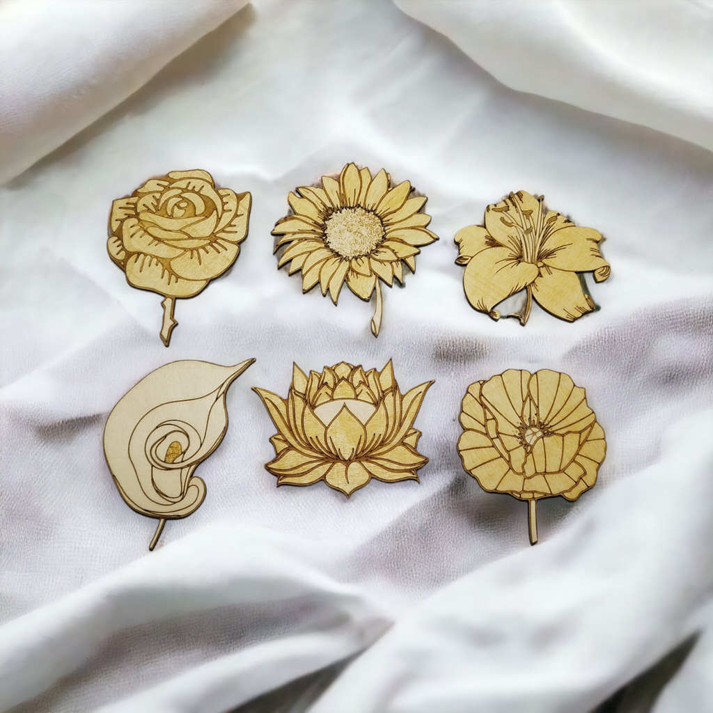 Set of 6 Flowers Wooden Coasters - Handmade Gift - Housewarming - Wood Kitchenware - Nature