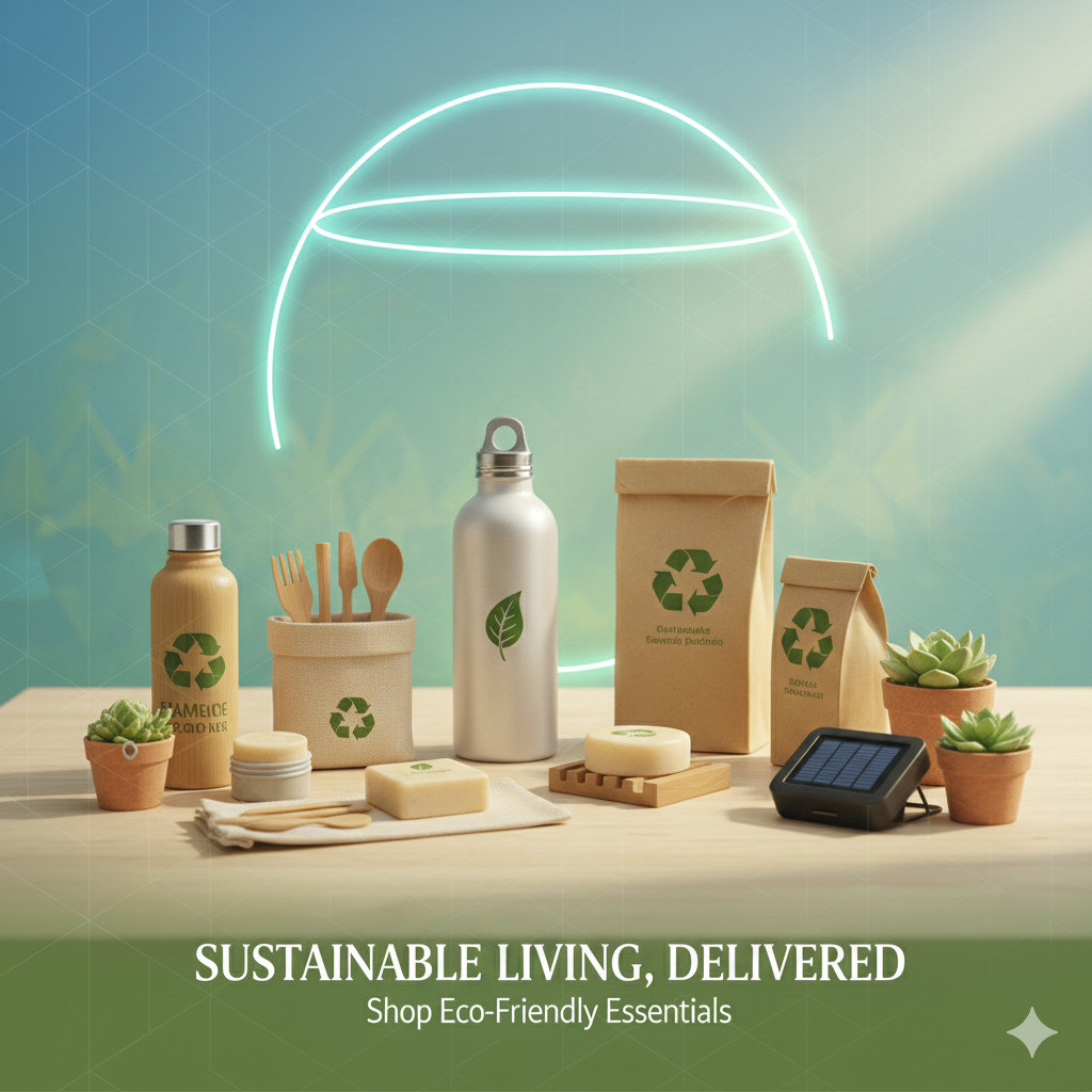 Collection of eco-friendly products on a table with a green background and text 'Sustainable Living, Delivered'.