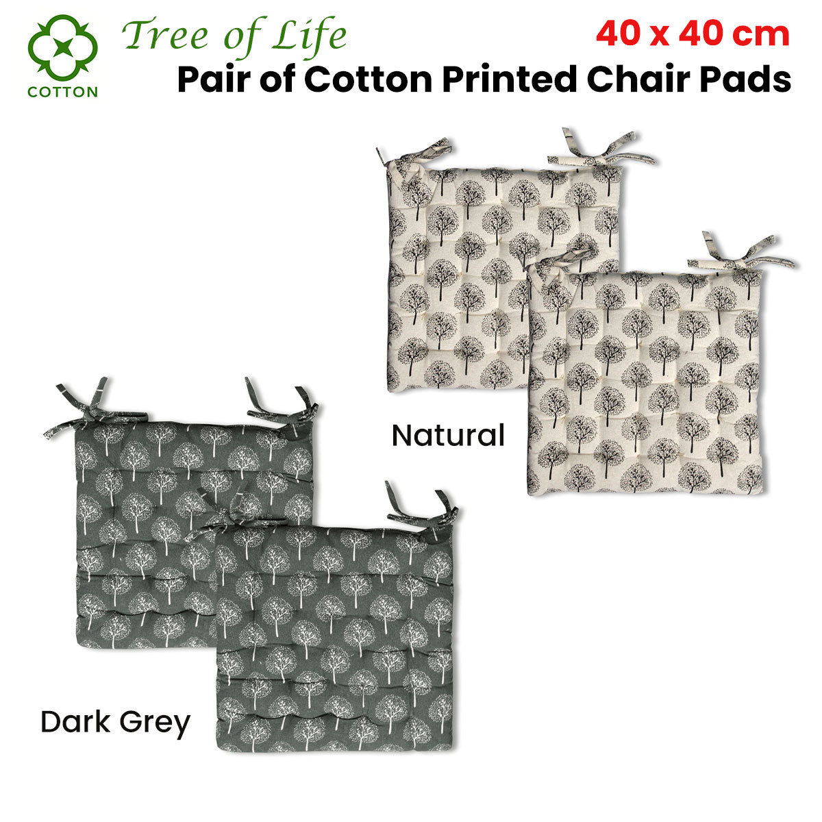 NNEDSZ Lylac Homeware Tree of Life Set of 2 Cotton Chair Pads Dark Grey