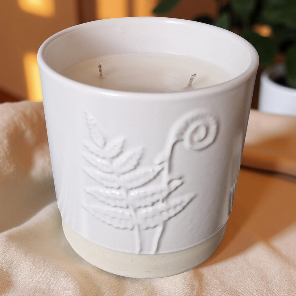 3-Wick Candle in White Ceramic Fern Pot